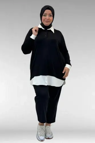 68028 Büyük Beden Kombinli -Manşetli Penye Tunik - Siyah - 1
