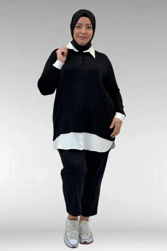 68028 Büyük Beden Kombinli -Manşetli Penye Tunik - Siyah - BÜYÜKBEDENIZ