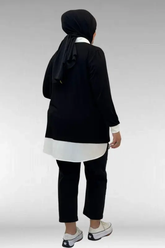 68028 Büyük Beden Kombinli -Manşetli Penye Tunik - Siyah - 3