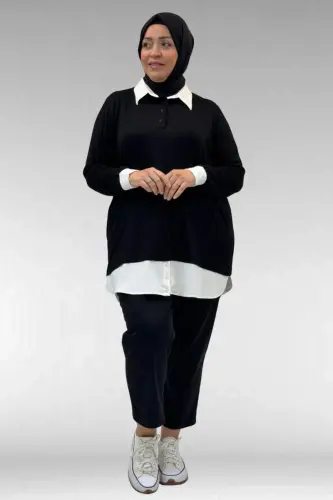 68028 Büyük Beden Kombinli -Manşetli Penye Tunik - Siyah - BÜYÜKBEDENIZ (1)