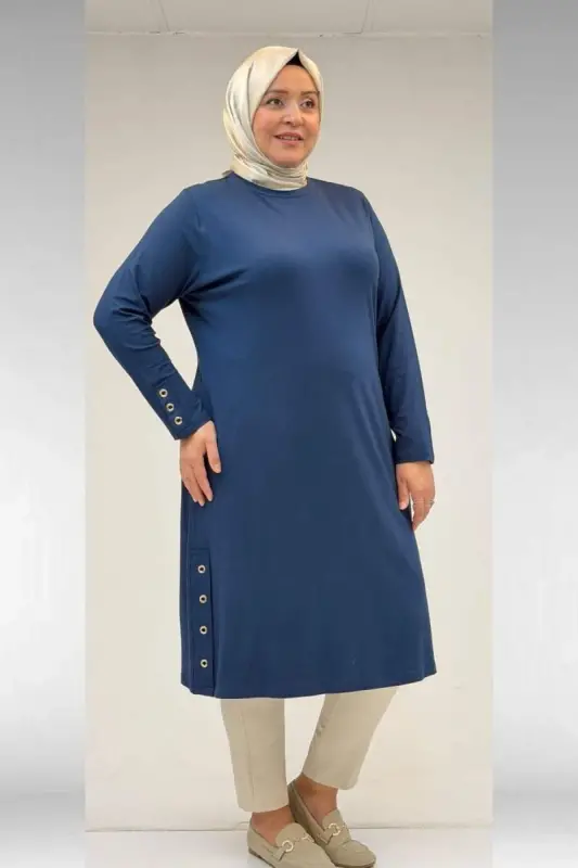 68029 Plus Size Combed Cotton Tunic with Eyelet Detail on the Sides - Petrol - 1