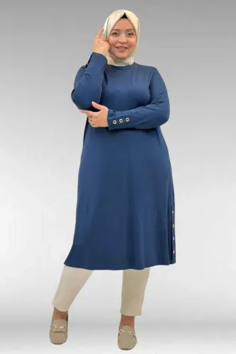 68029 Plus Size Combed Cotton Tunic with Eyelet Detail on the Sides - Petrol - 2