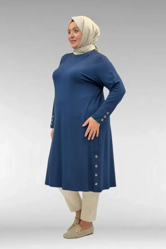 68029 Plus Size Combed Cotton Tunic with Eyelet Detail on the Sides - Petrol - 3
