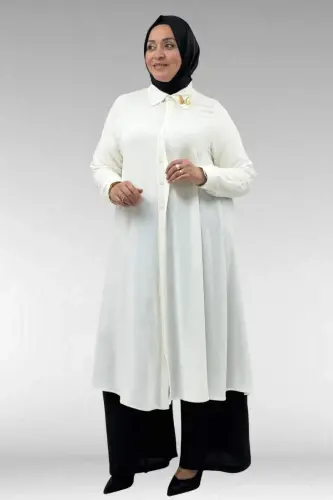 68034 Büyük Beden Broş Detaylı Mevlana Gömlek - Ekru - 1