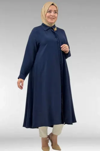68034 Büyük Beden Broş Detaylı Mevlana Gömlek - Lacivert - 1