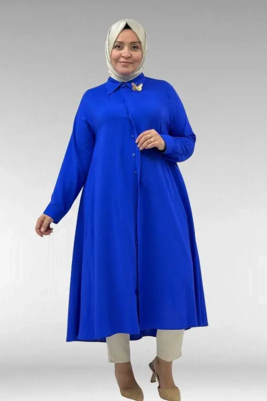 68034 Büyük Beden Broş Detaylı Mevlana Gömlek - Saks - 1