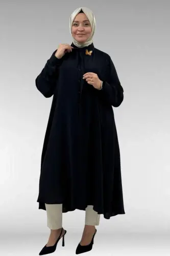 68034 Büyük Beden Broş Detaylı Mevlana Gömlek - Siyah - 1
