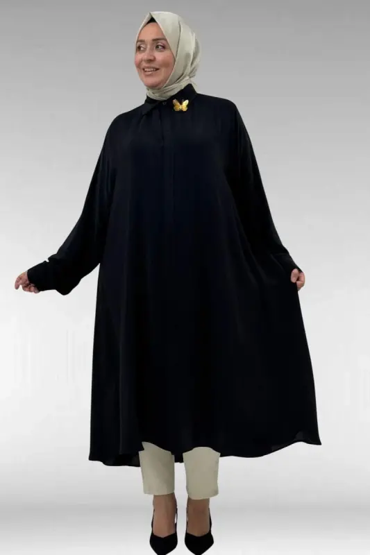 68034 Büyük Beden Broş Detaylı Mevlana Gömlek - Siyah - 2