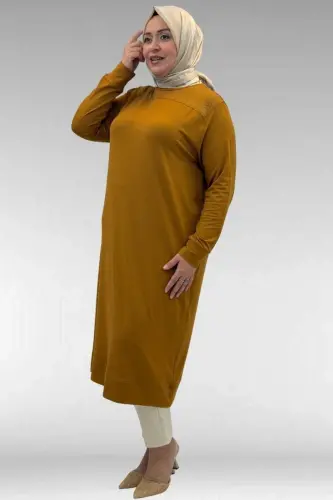 68036 Büyük Beden Önü Parçalı Taş Detaylı Penye Tunik - Hardal - BÜYÜKBEDENIZ (1)