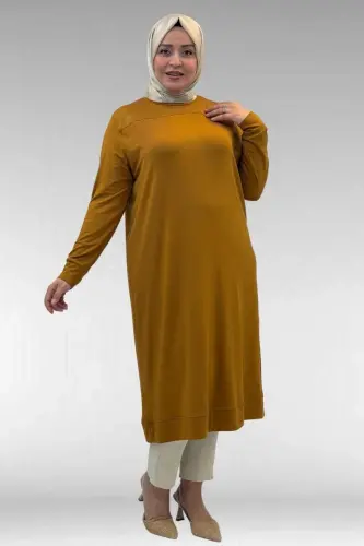 68036 Büyük Beden Önü Parçalı Taş Detaylı Penye Tunik - Hardal - 1