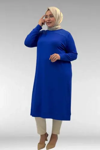 68036 Büyük Beden Önü Parçalı Taş Detaylı Penye Tunik - Saks - BÜYÜKBEDENIZ (1)