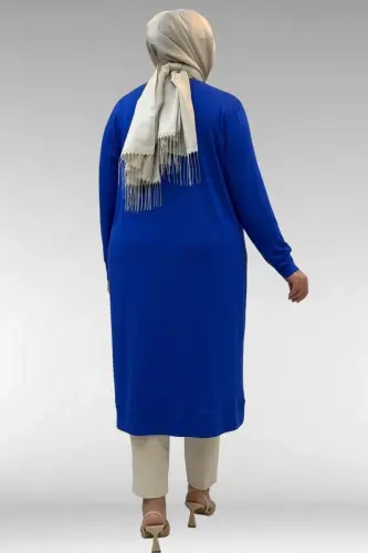 68036 Büyük Beden Önü Parçalı Taş Detaylı Penye Tunik - Saks - 3