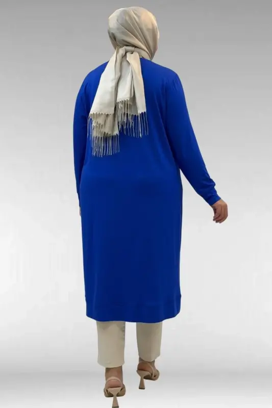 68036 Büyük Beden Önü Parçalı Taş Detaylı Penye Tunik - Saks - 3