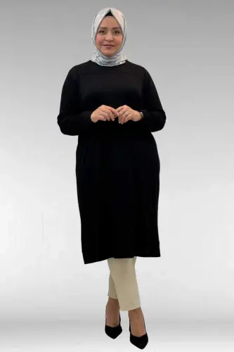 68036 Büyük Beden Önü Parçalı Taş Detaylı Penye Tunik - Siyah - 1