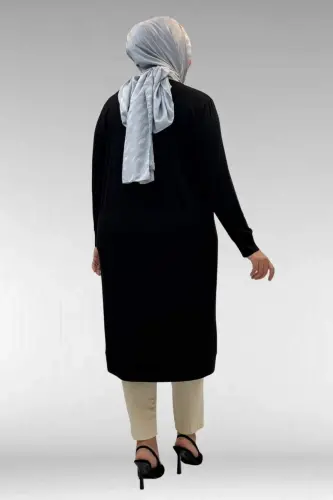 68036 Büyük Beden Önü Parçalı Taş Detaylı Penye Tunik - Siyah - 3