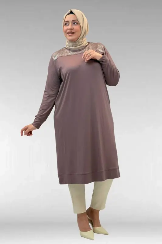 68036 Büyük Beden Önü Parçalı Taş Detaylı Penye Tunik - Vizon - 2