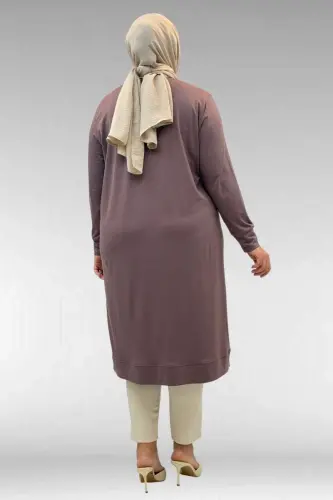 68036 Büyük Beden Önü Parçalı Taş Detaylı Penye Tunik - Vizon - 3