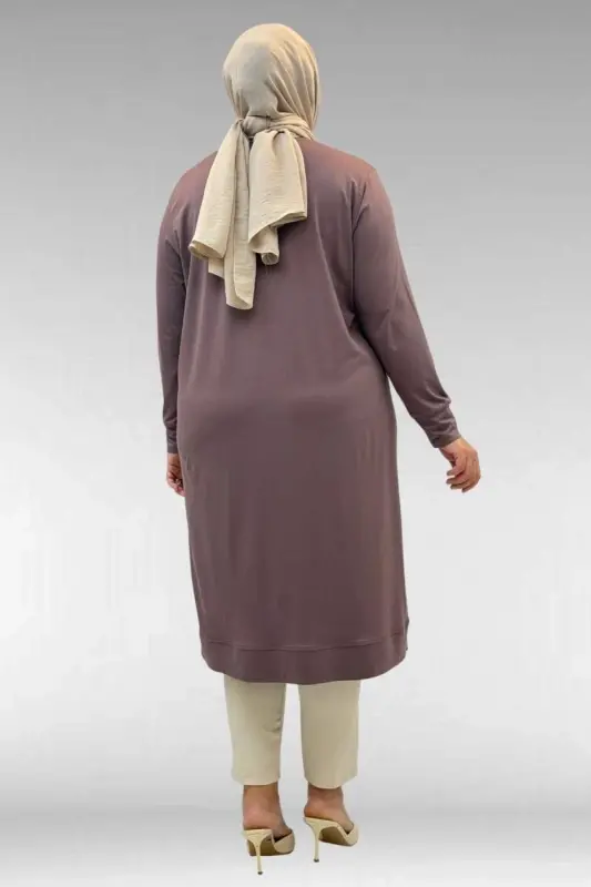 68036 Büyük Beden Önü Parçalı Taş Detaylı Penye Tunik - Vizon - 3