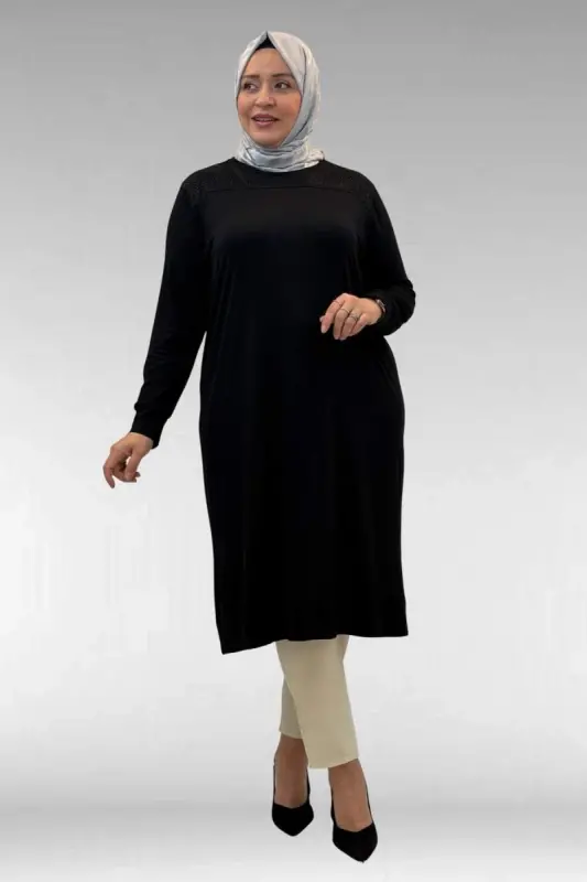 68036 Plus Size Front Segmented Stone Detailed Cotton Tunic - Black - 2