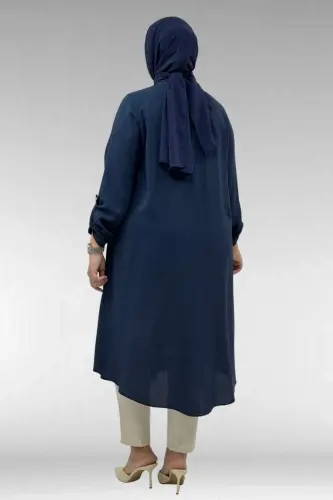 68039 Büyük Beden Hakim Yaka Maroken Gömlek - Lacivert - 3