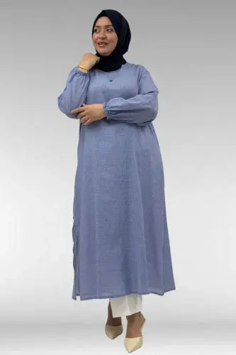 68042 Büyük Beden Kolu Lastikli Pitikare Tunik - Pitikare Saks - 1