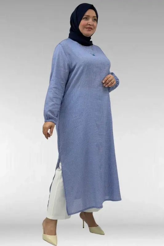 68042 Büyük Beden Kolu Lastikli Pitikare Tunik - Pitikare Saks - 2