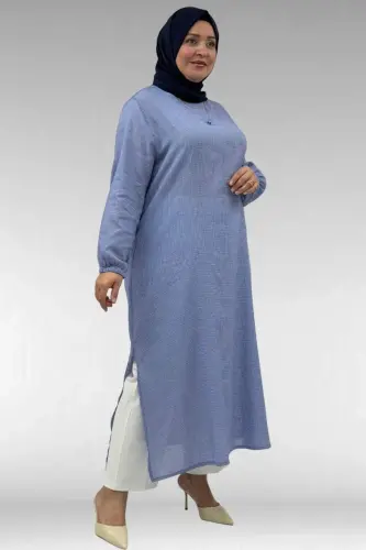 68042 Büyük Beden Kolu Lastikli Pitikare Tunik - Pitikare Saks - BÜYÜKBEDENIZ (1)