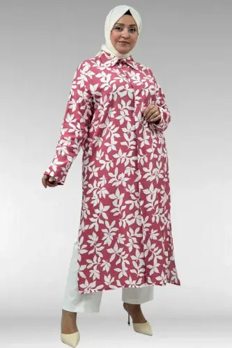 68045 Büyük Beden Kolu Kıvırma Detaylı Mango Tunik - Yaprak Desen Pembe - 1