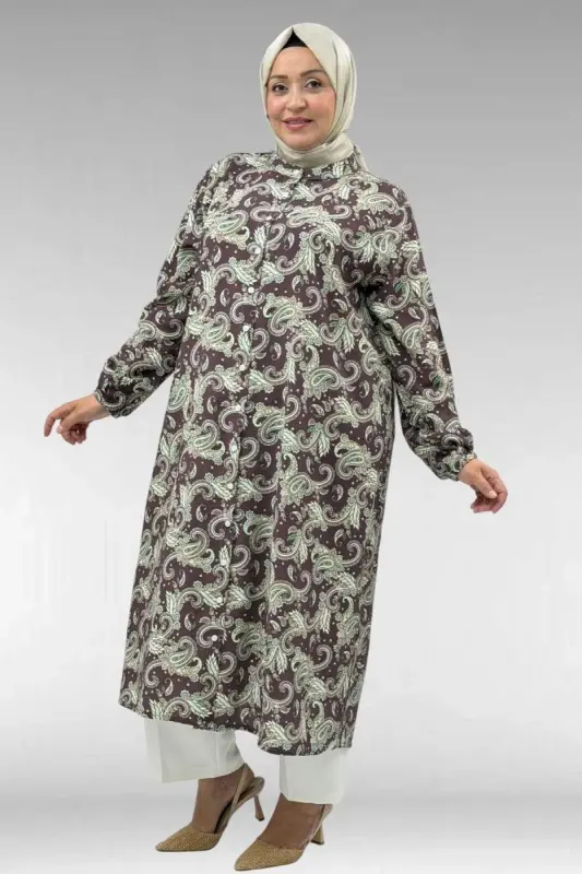 68046 Büyük Beden Hakim Yaka Boydan Düğmeli Mango Tunik - Etnik Desen Kahve - 2