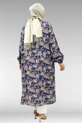 68046 Büyük Beden Hakim Yaka Boydan Düğmeli Mango Tunik - Etnik Desen Lacivert - 3