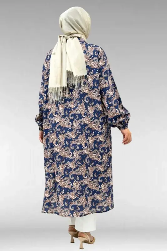 68046 Büyük Beden Hakim Yaka Boydan Düğmeli Mango Tunik - Etnik Desen Lacivert - 3