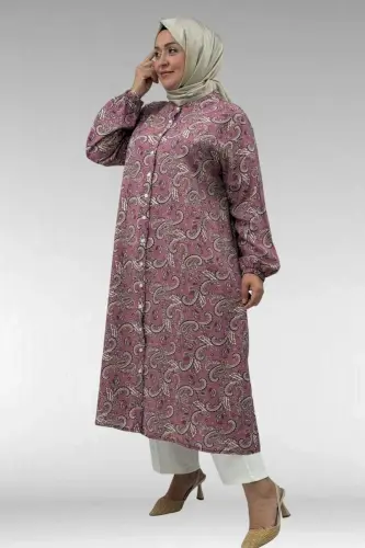 68046 Büyük Beden Hakim Yaka Boydan Düğmeli Mango Tunik - Etnik Desen Pudra - BÜYÜKBEDENIZ (1)