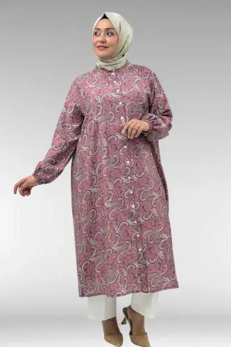 68046 Büyük Beden Hakim Yaka Boydan Düğmeli Mango Tunik - Etnik Desen Pudra - 1