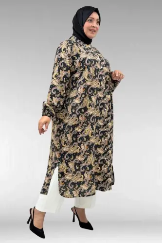 68046 Büyük Beden Hakim Yaka Boydan Düğmeli Mango Tunik - Etnik Desen Siyah - BÜYÜKBEDENIZ (1)