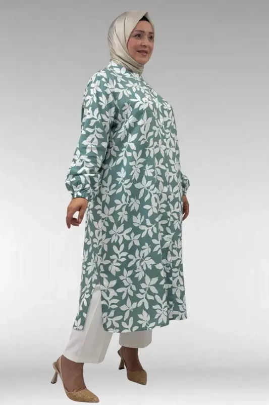 68046 Büyük Beden Hakim Yaka Boydan Düğmeli Mango Tunik - Yaprak Desen Nefti - 2