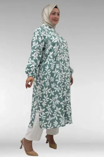 68046 Büyük Beden Hakim Yaka Boydan Düğmeli Mango Tunik - Yaprak Desen Nefti - BÜYÜKBEDENIZ (1)