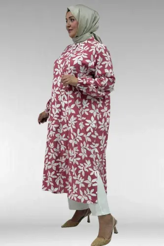 68046 Büyük Beden Hakim Yaka Boydan Düğmeli Mango Tunik - Yaprak Desen Pembe - BÜYÜKBEDENIZ (1)