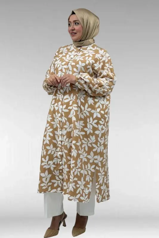 68046 Büyük Beden Hakim Yaka Boydan Düğmeli Mango Tunik - Yaprak Desen Taba - 2
