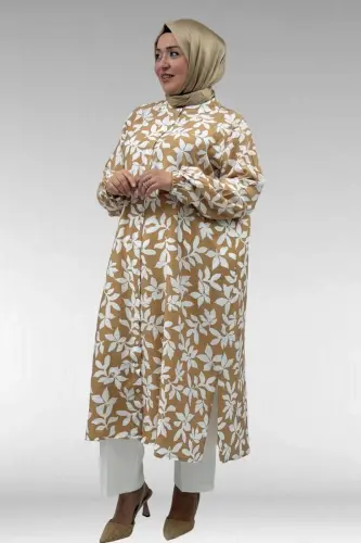 68046 Büyük Beden Hakim Yaka Boydan Düğmeli Mango Tunik - Yaprak Desen Taba - BÜYÜKBEDENIZ (1)