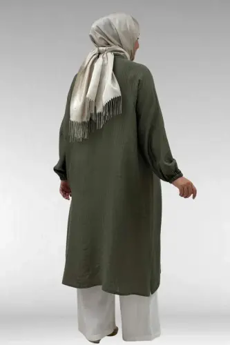 68047 Büyük Beden Boydan Düğmeli Double Tensel Tunik - Haki - 3