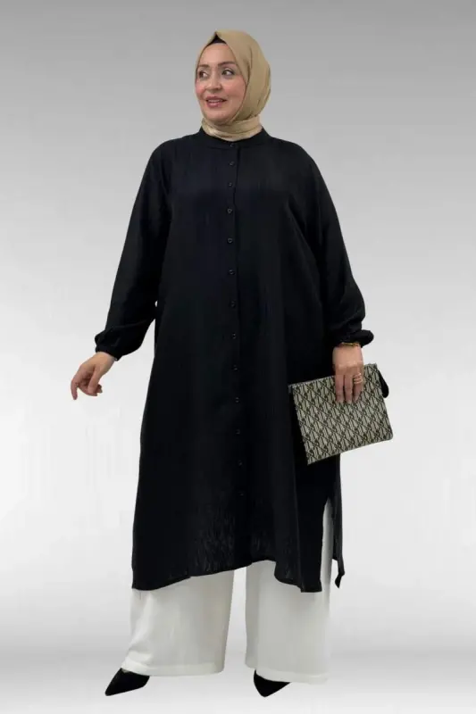 68047 Büyük Beden Boydan Düğmeli Double Tensel Tunik - Siyah - 2