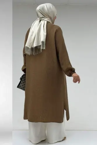 68047 Büyük Beden Boydan Düğmeli Double Tensel Tunik - Taba - 3