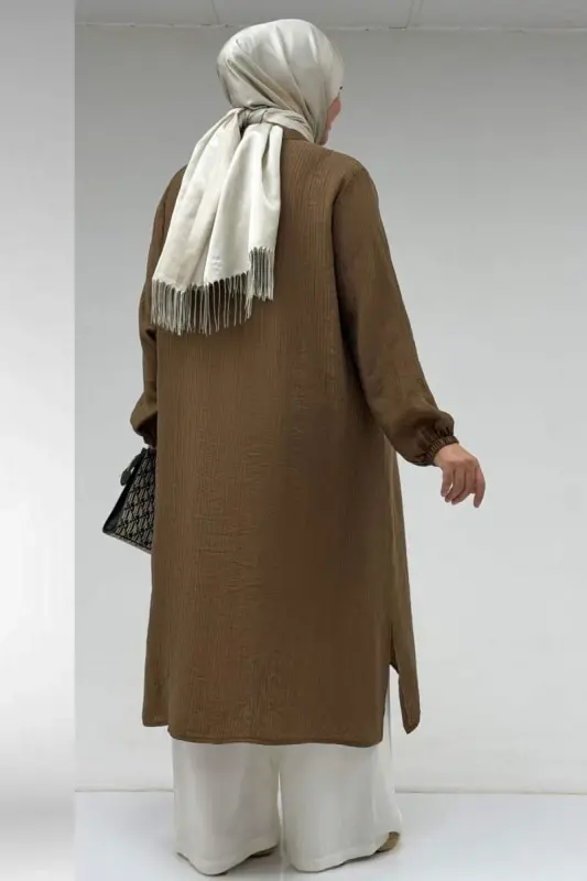 68047 Büyük Beden Boydan Düğmeli Double Tensel Tunik - Taba - 3