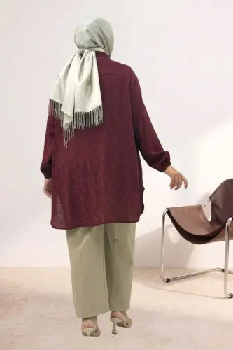68048 Büyük Beden Kolları Lastikli Jakar Çilek Gömlek - Bordo - 3