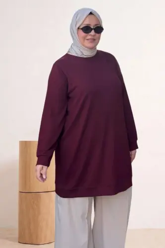 68052 Büyük Beden Kendi Kumaşından Ribanalı Modal Tunik - Bordo - 1