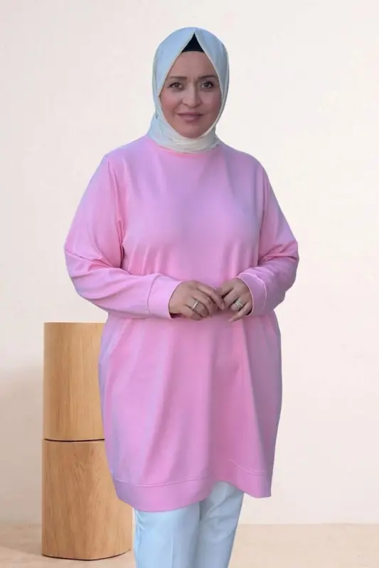 68052 Büyük Beden Kendi Kumaşından Ribanalı Modal Tunik - Pembe - BÜYÜKBEDENIZ