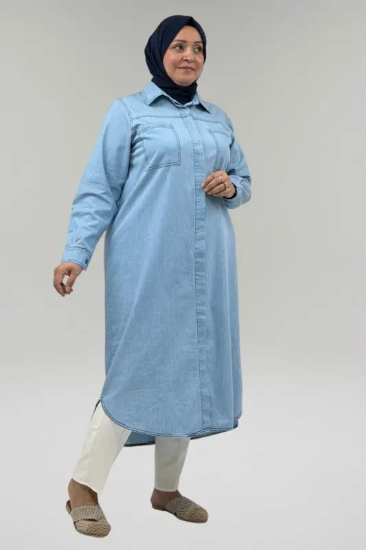 68056 Plus Size Button Detailed Denim Tencel Tunic - Ice Blue - 2