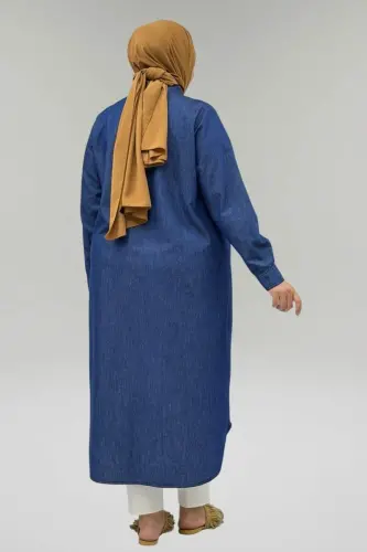 68056 Plus Size Button Detailed Denim Tencel Tunic - Navy Blue - 3
