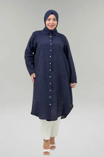 68058 Büyük Beden Taş Detaylı Kolu Manşetli Mango Tunik - Lacivert - BÜYÜKBEDENIZ (1)