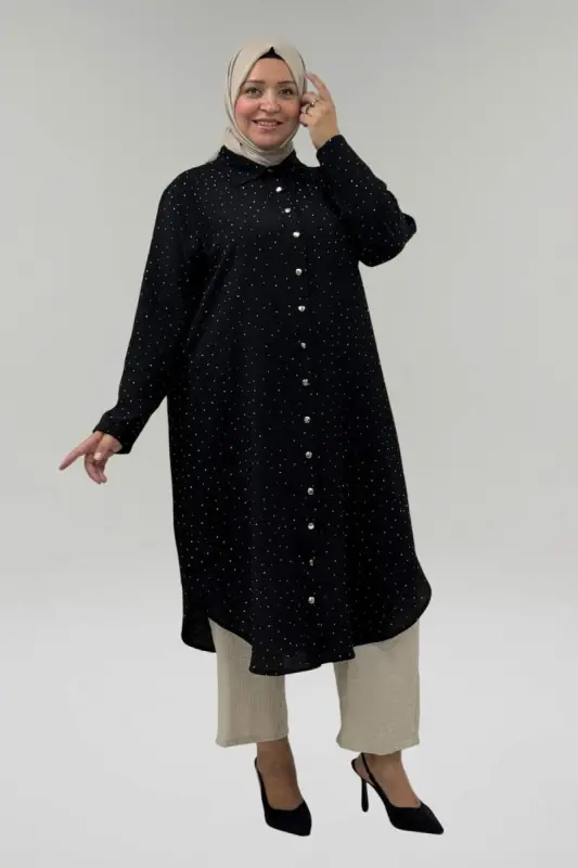 68058 Plus Size Stone Detailed Cuffed Sleeve Modazone Tunic - Black - 2